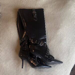 Black Buckle Tall Patent Pointy Boots